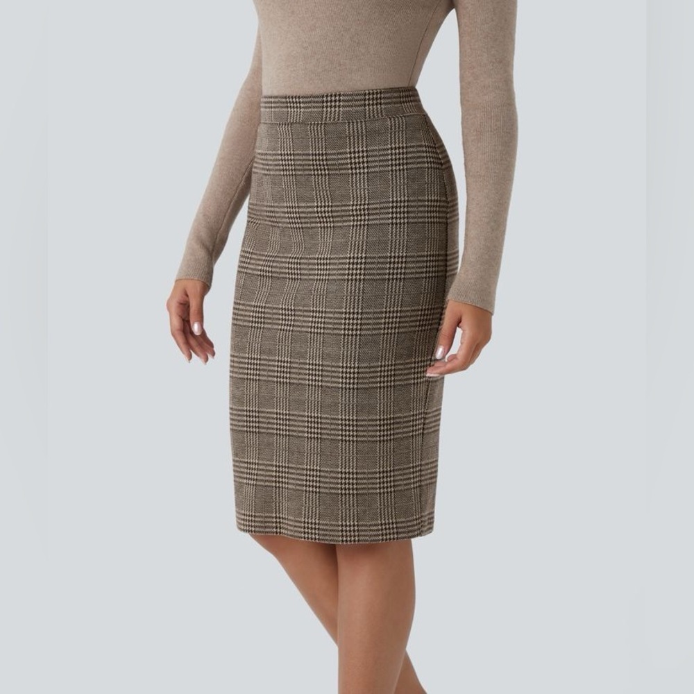 Halara High Waisted Hem Houndstooth Plaid Work Pencil Skirt xl